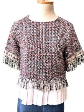Zara Textured Tweed Fringe Top - Tweed Peplum Hem Multicolor & White Sz S Women